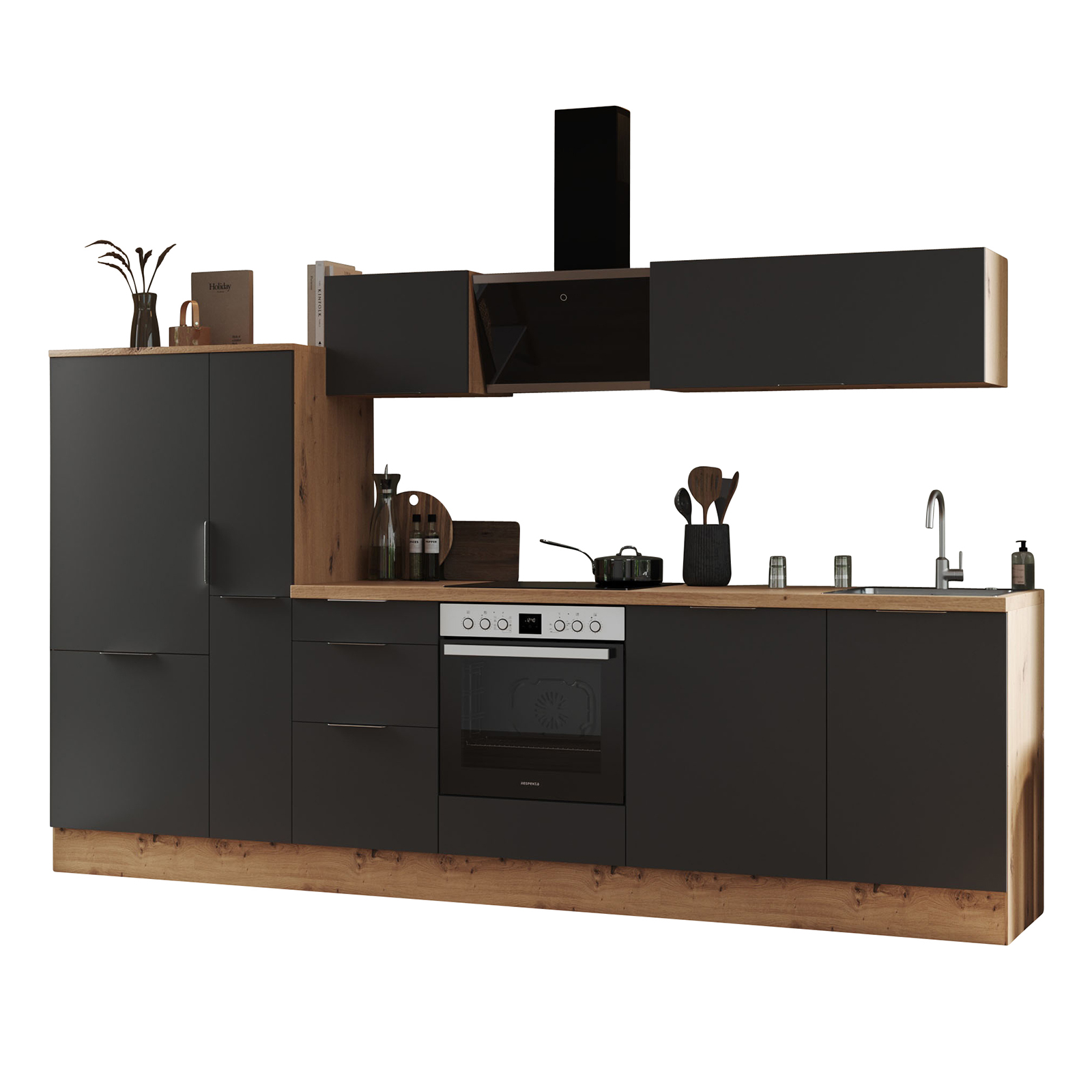 RESPEKTA Küchenblock - grau matt - Artisan Eiche - mit E-Geräten - 310 cm