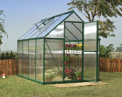 Palram kas – Canopia Mythos 6x8 dubbelwandige polycarbonaat panelen 4 mm incl. funderingsframe, gootsysteem 185 x 247 cm groen