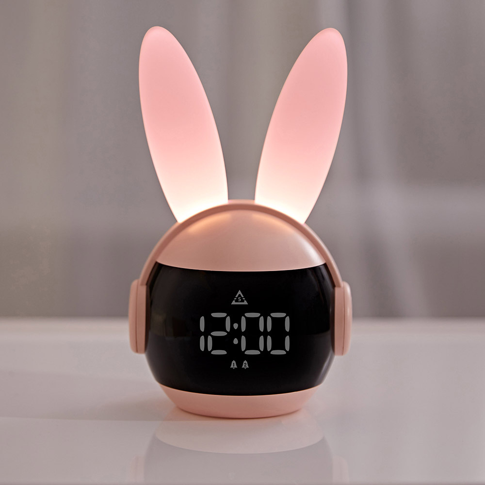 (17x10cm) Silikon Wecker Kinder LED Nachtlicht Hasen Uhr - Rosa
