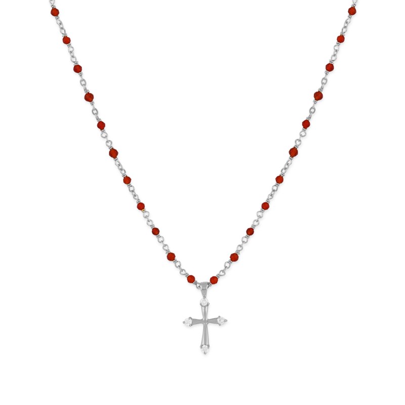 Collier Argent Rhodié Croix Et Pierres Naturelles Onyx Rouge