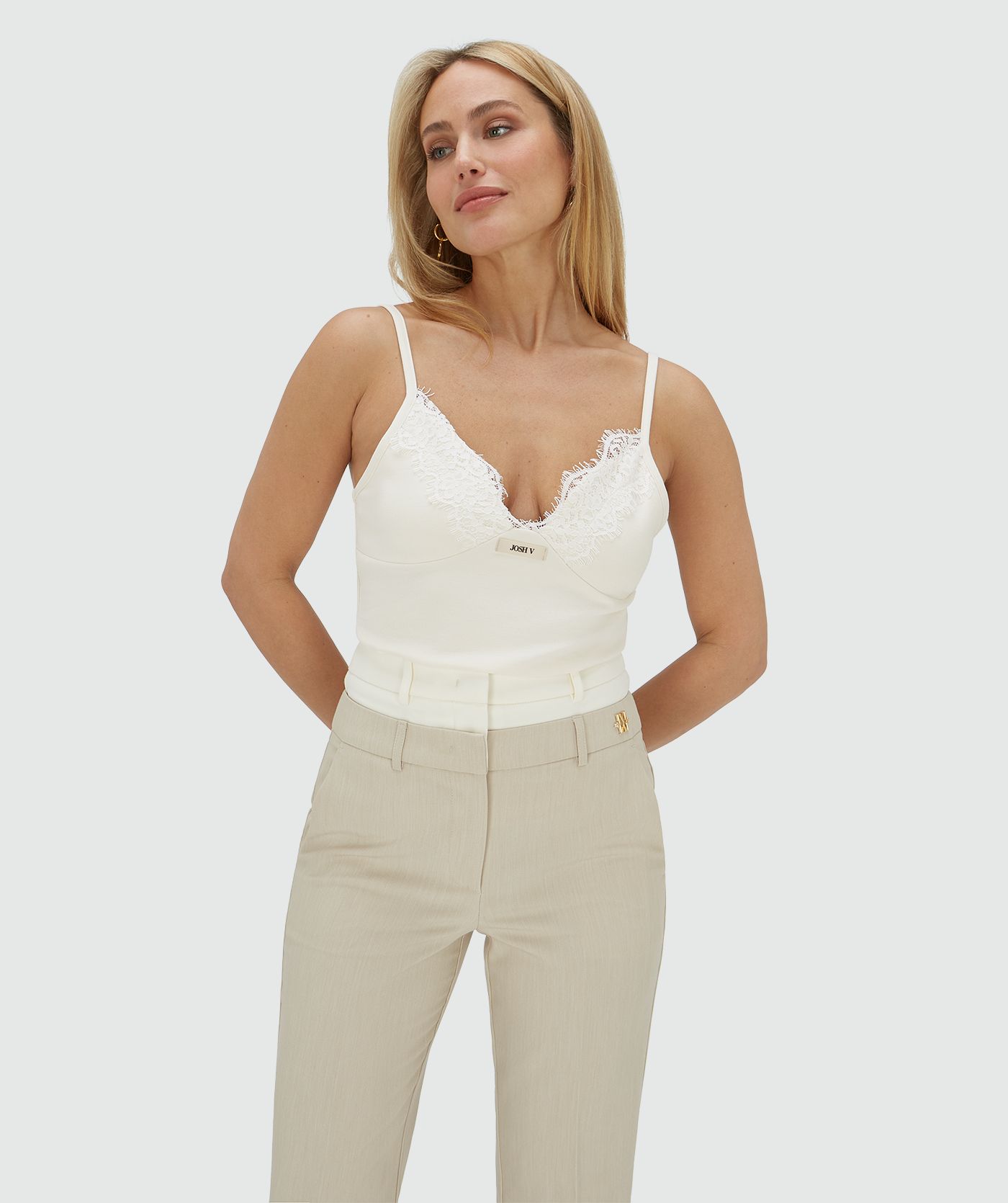 JV-RIVER slim fit top met kant - creme white