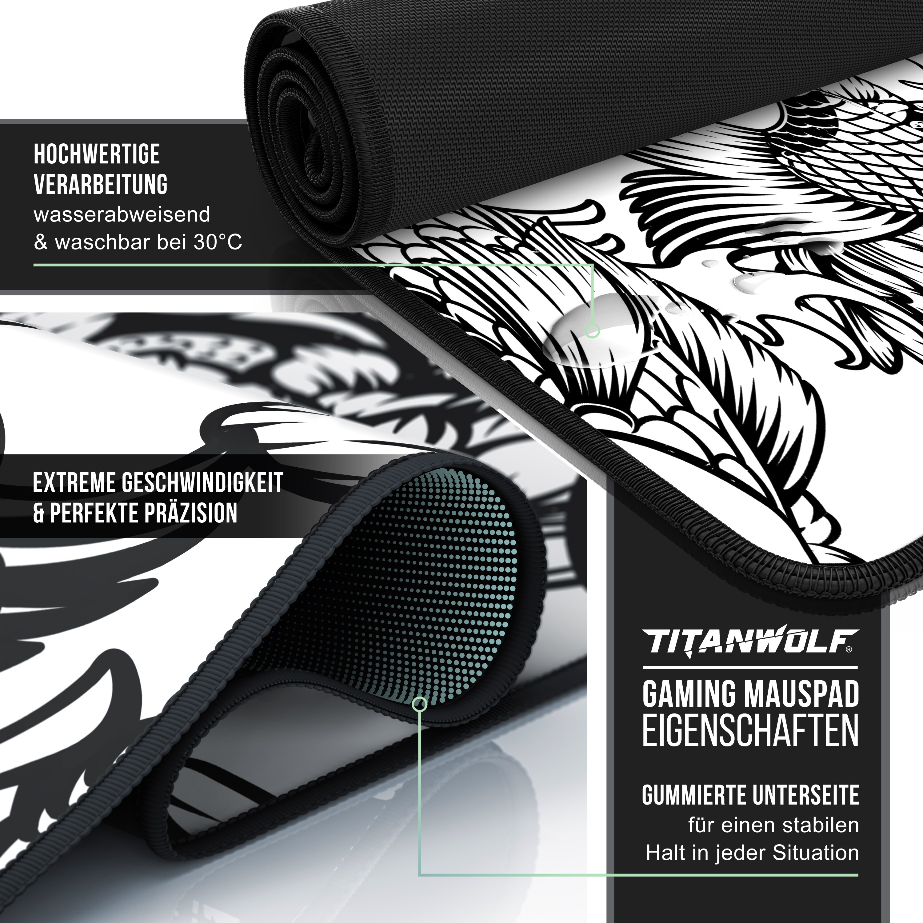 Titanwolf XXL Speed Gaming Mauspad Titanwolf Schwarz 900 x 400mm, XXL Mousepad, Tischunterlage Large Size, verbessert Präzision und Geschwindigkeit