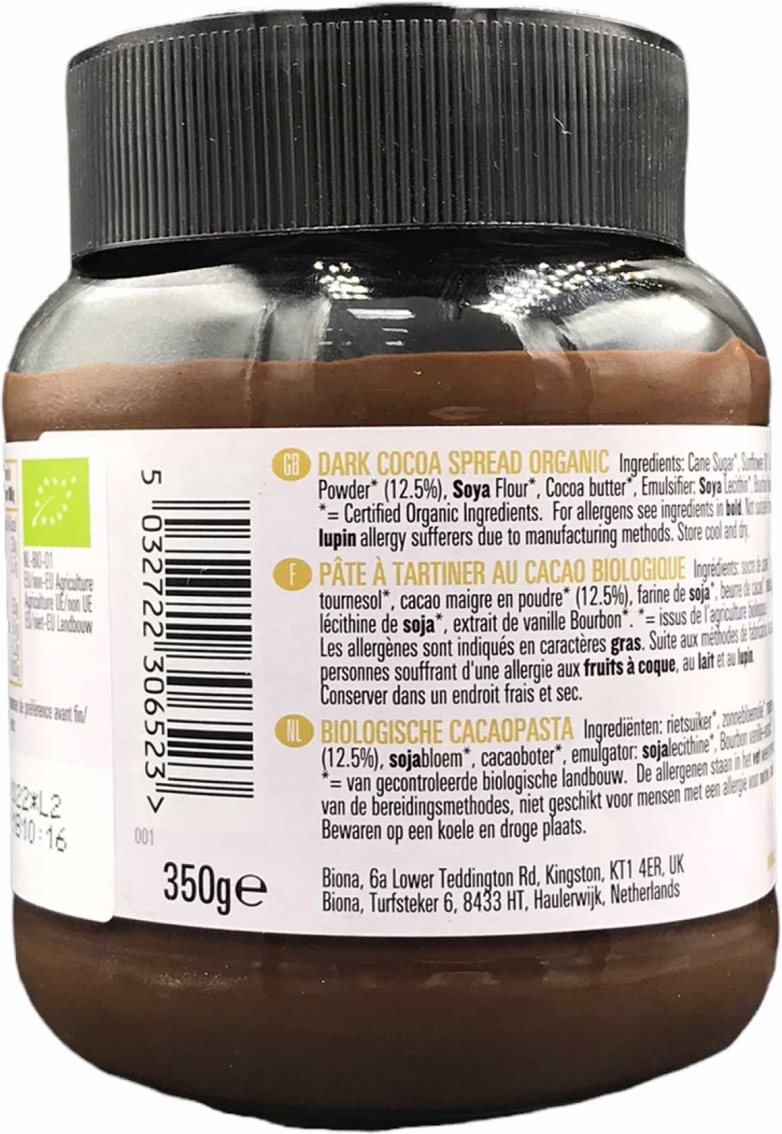 Creme de Chocolate Amargo Orgânico Biona Organic 350g