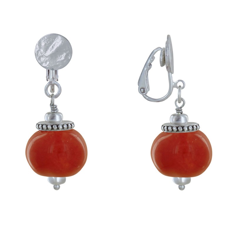 Boucles d'Oreilles Clip Métal Argenté et Grosses Perles en Céramique