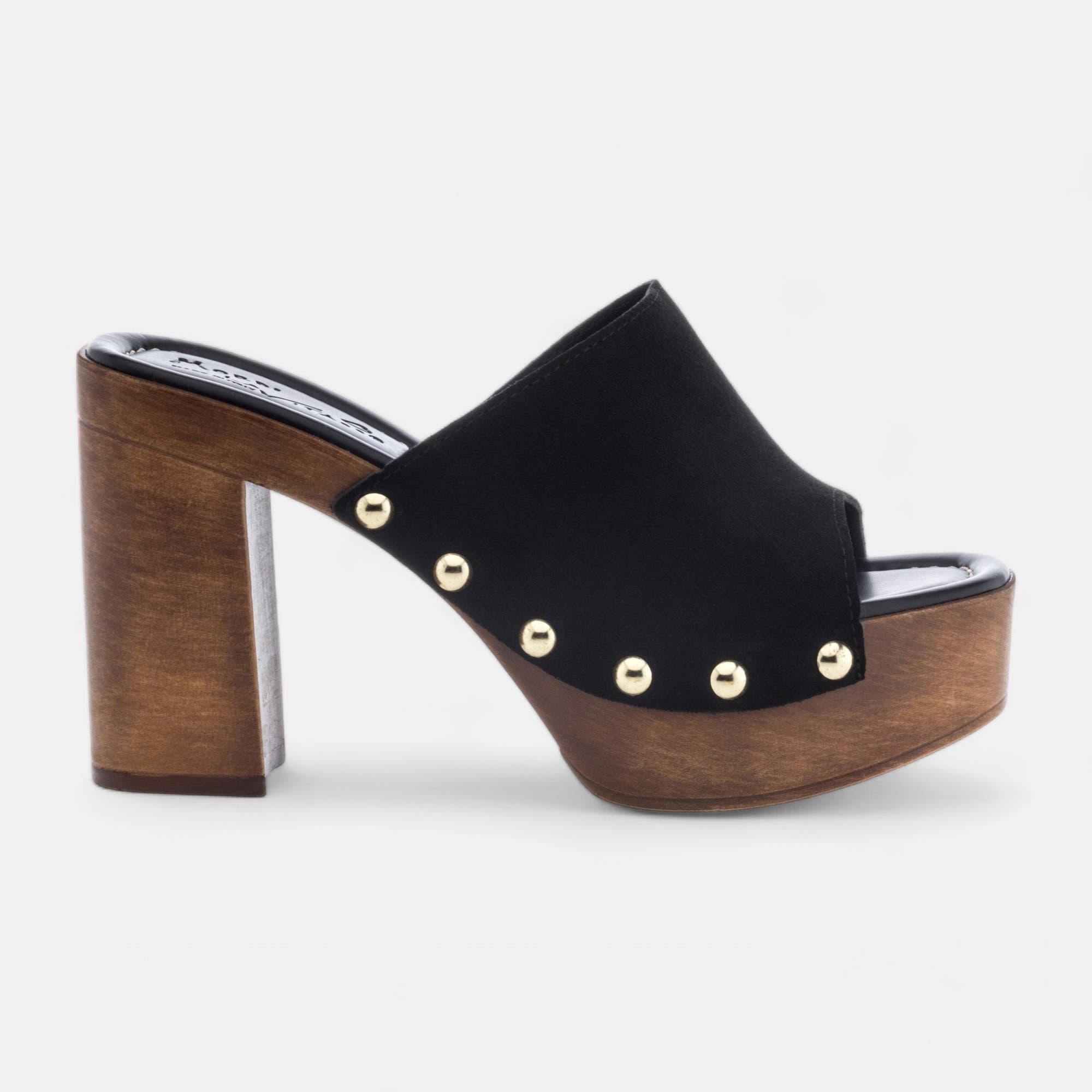 Chaussures semelle bois à talon Femme en cuir noir