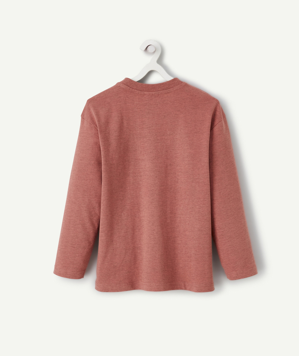 T-SHIRT GARÇON EN COTON BIO ROSE CHINÉ AVEC MESSAGES EN FEUTRINE ET BEIGE