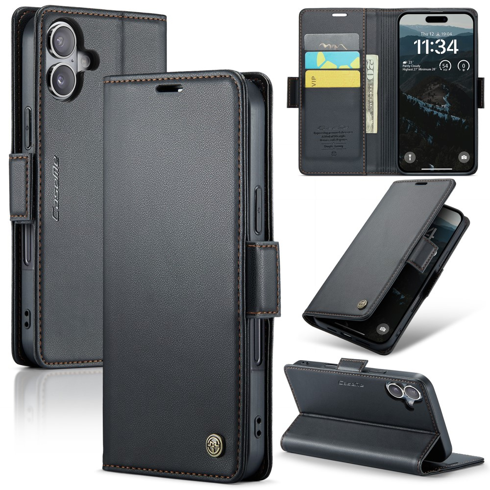 iPhone 16 Leder Tasche Flip Wallet Etui mit Kartenfächern Litchi Look (RFID Schutz) - Schwarz