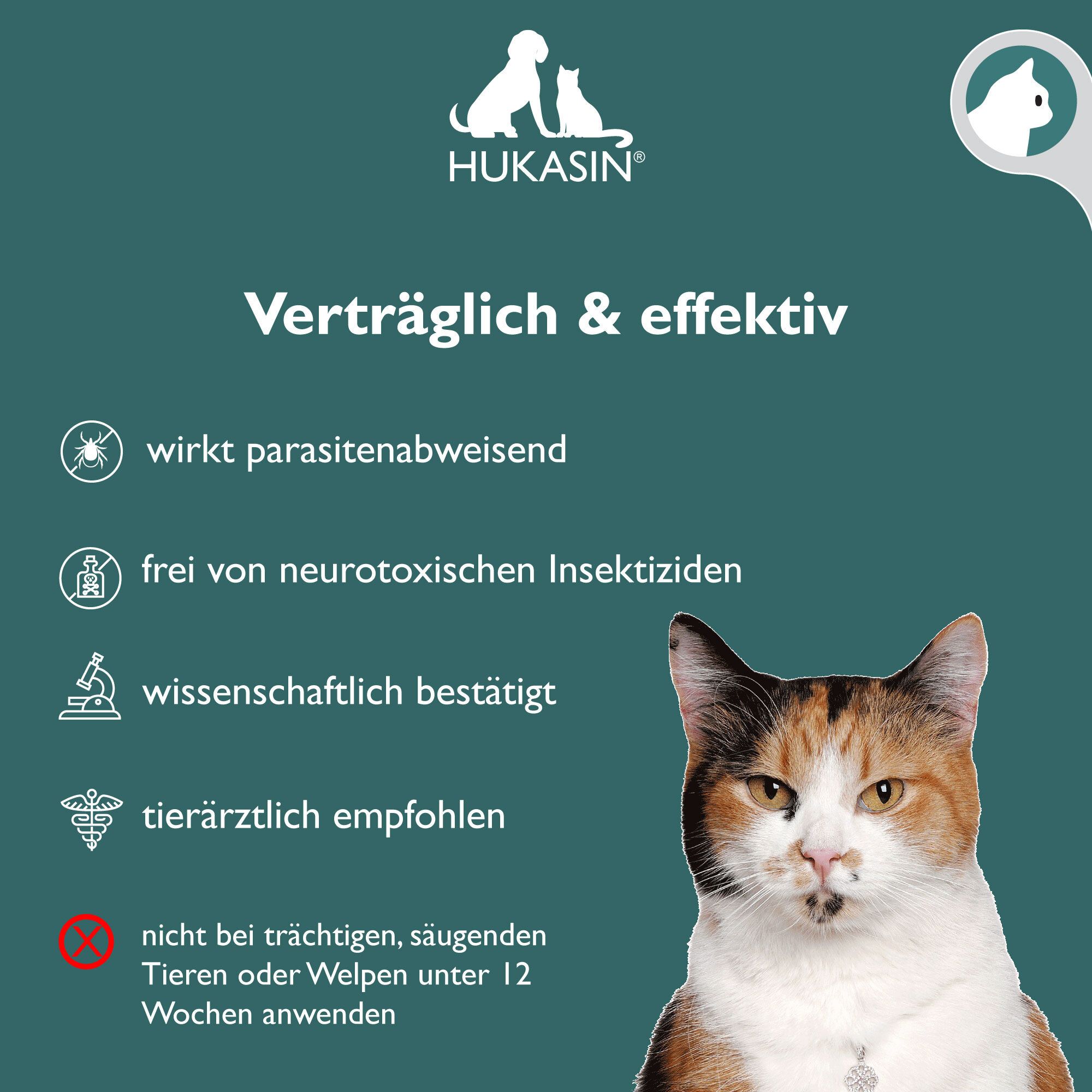 Hukasin® Spot On Katze - Zecken- und Floh Schutz - langanhaltender Zeckenschutz & Flohmittel für Katzen bis zu 12 Wochen, für die Gesundheit Ihrer Katze