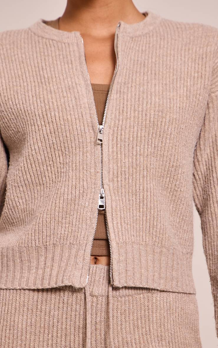 Taupe Cardigan Zippé En Maille Côtelée Brossée