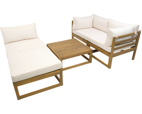 Loungeset voor 4 personen bestaande uit: fauteuil, kruk, houten tafel inclusief kussens