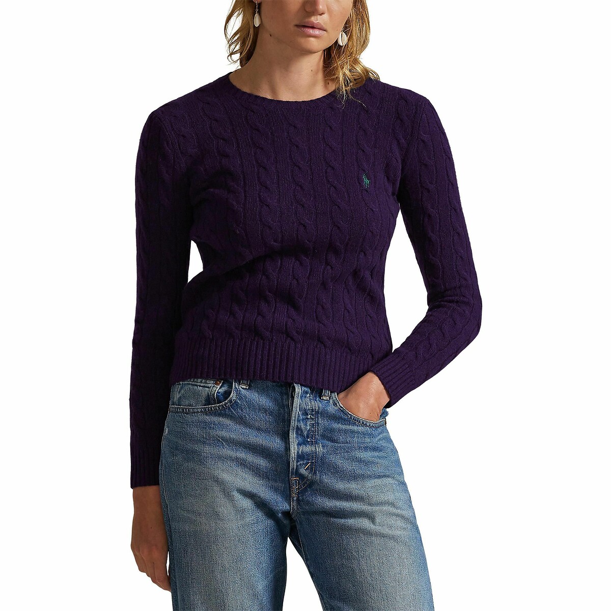 POLO RALPH LAUREN<br>Suéter de gola redonda, tricô trançado em lã e cashmere