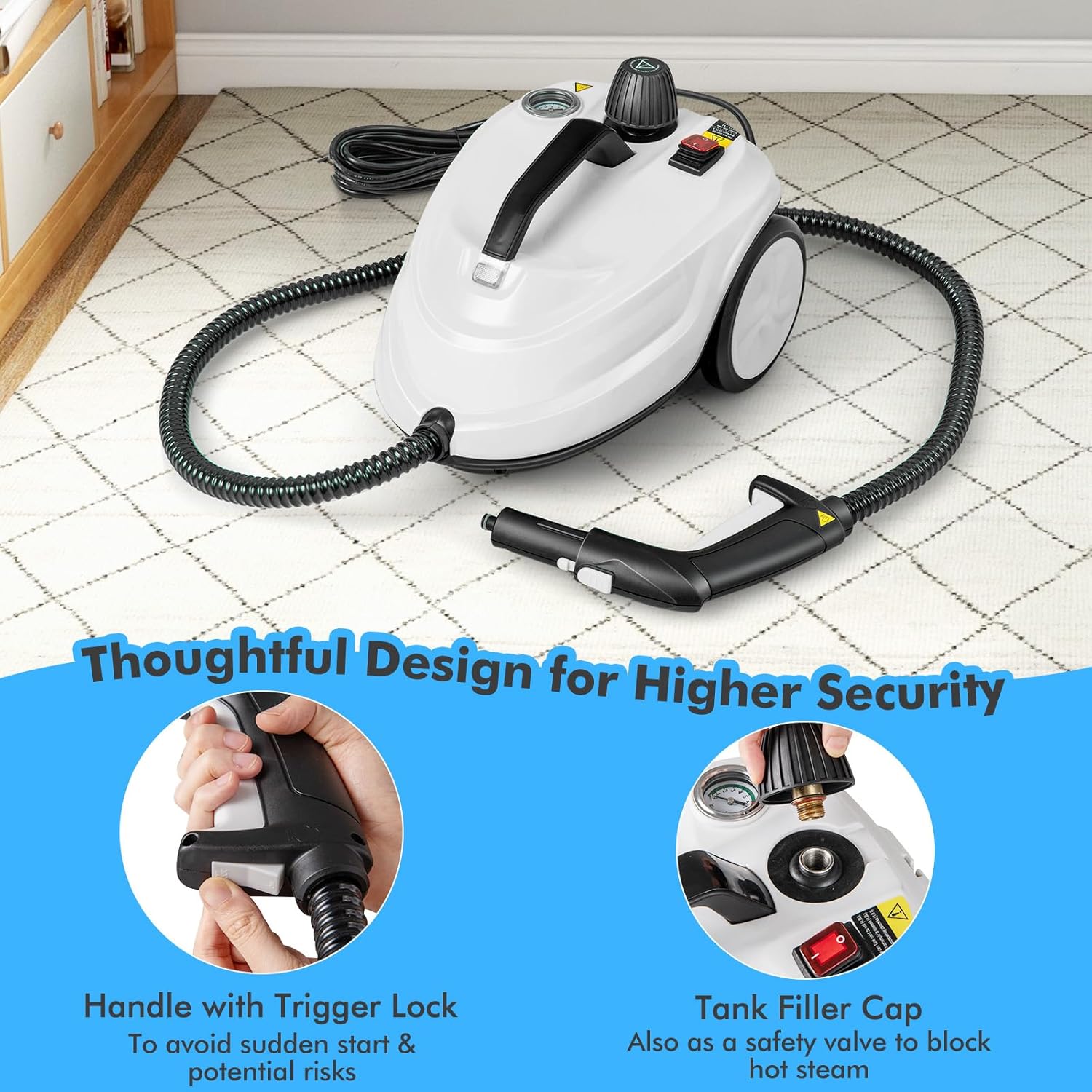 FANTASK Dampfreiniger 2000W, Steam Cleaner inkl. 13 Zubehör & 5m lange Netzkabel, Dampfdruck: max. 5 bar, Temperatur bis zu 160℃, Flächenleistung: 108 m², 1,8L Tank, Aufheizzeit: 8 Min. (Weiß)