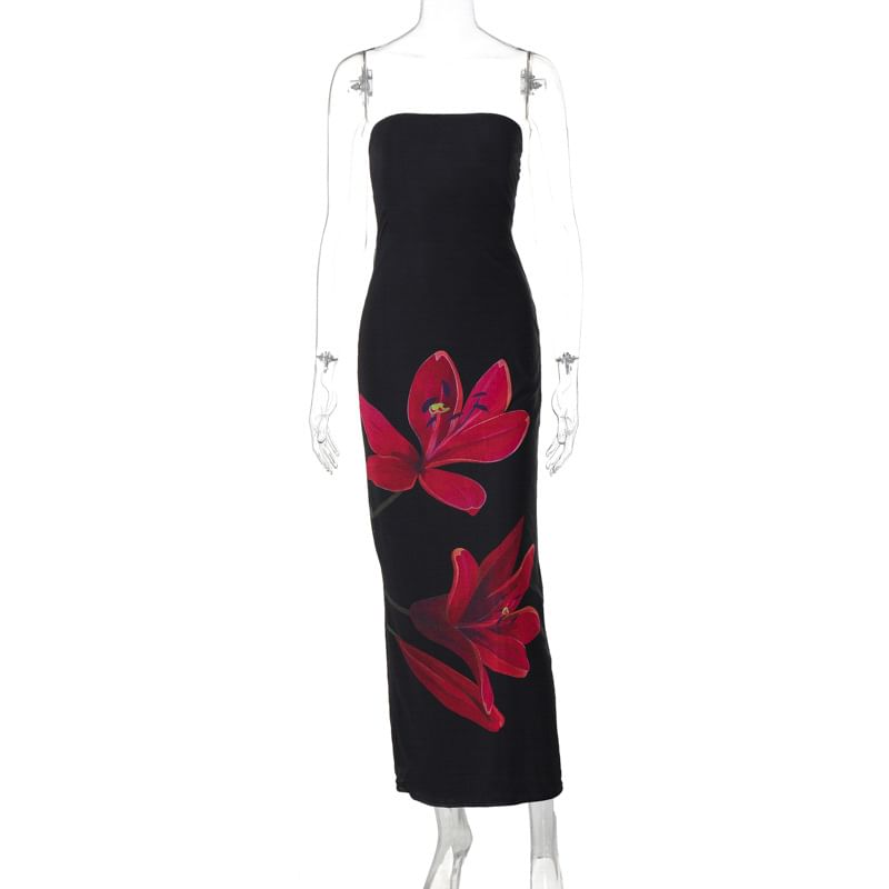 MOONGATE - Strapless maxi-jurk met bloemenprint en open rug