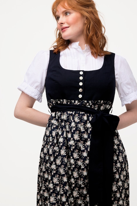 Dirndl, Blüten, Bindeband, Carree-Ausschnitt, ärmellos