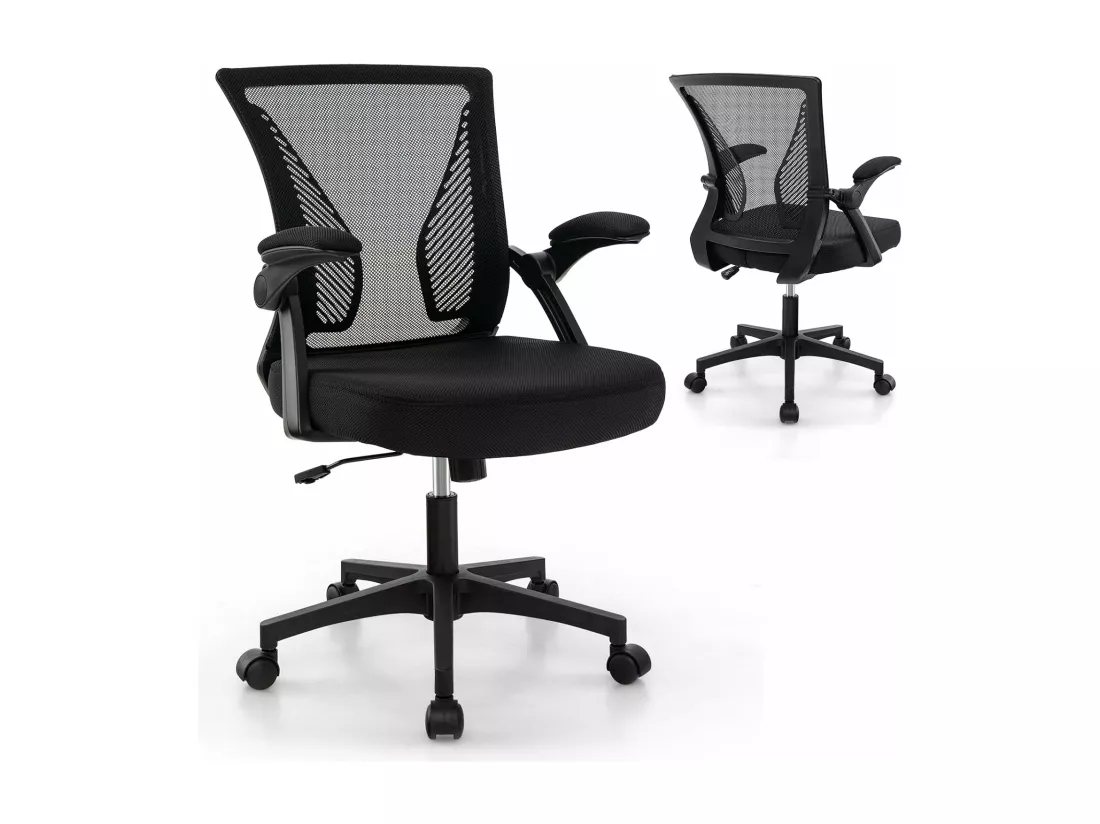 Chaises de Bureau Ergonomique, Chaises de Conférence Pivotante Réglable en Maille avec Accoudoirs Rabattables, Dossier à Bascule à 30°, Noir