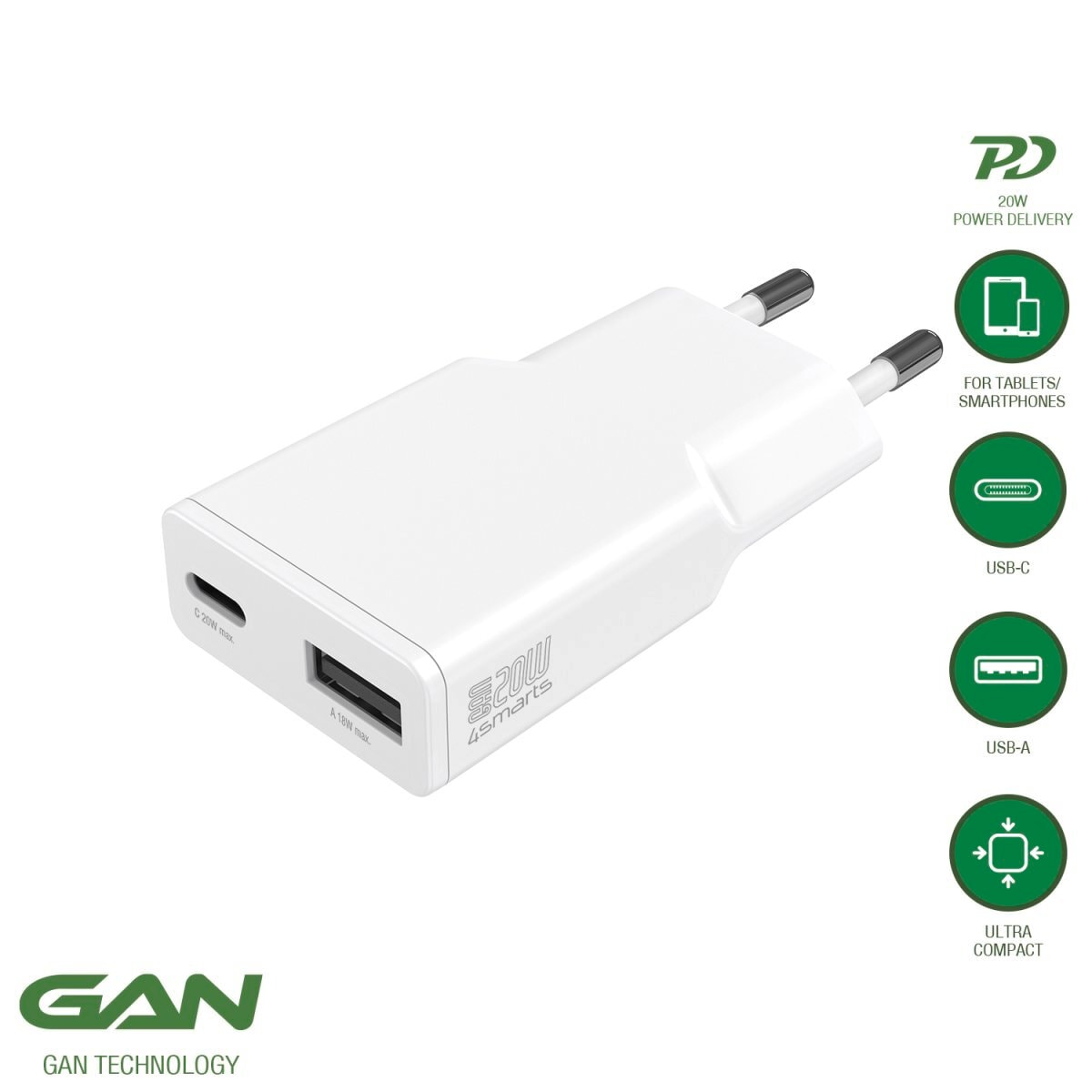 4smarts Schnelllade-Gerät »PDPlug Duos Slim 20W GaN 1x USB-C+1x USB-A«