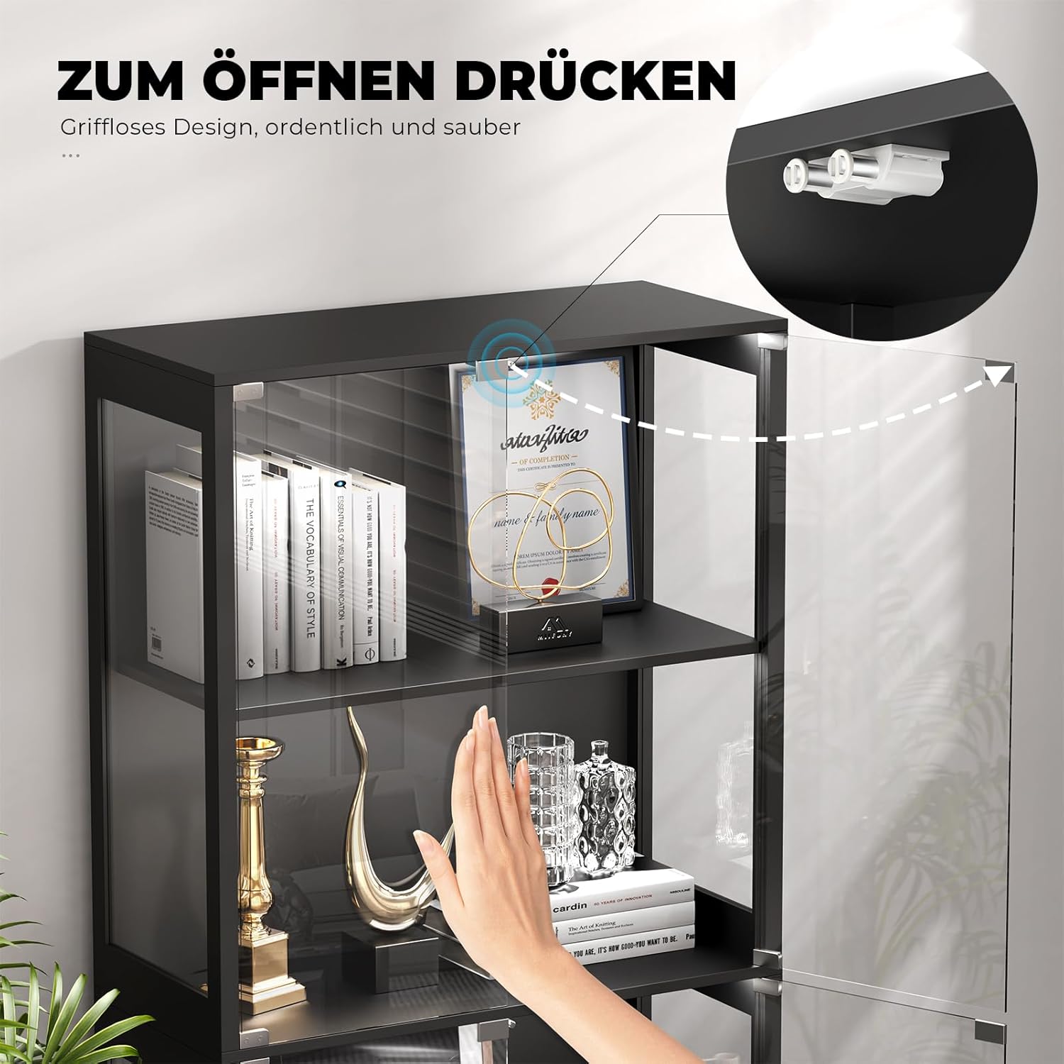 Vitrine mit LED Beleuchtung und Glastüren, Sammlervitrine, Vitrinenschrank mit Intelligente Sensorik, 4-Lagen Glasvitrine Staubdicht für Wohnzimmer Schlafzimmer Büro, Schwarz