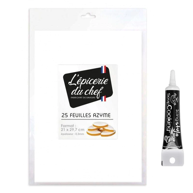 25 feuilles azyme blanches + Stylo glaçage noir Scrapcooking