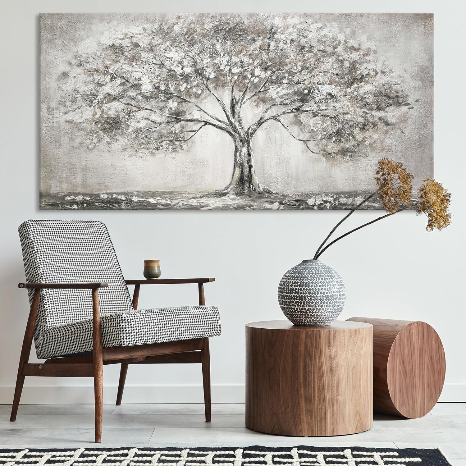 YS-Art Acryl Gemälde auf Leinwand handgemalt Lebensbaum Abstrakte Kunst Bilder Wohnzimmer Wandbilder modern mit grau Farben Grauen Farben 160x80 cm