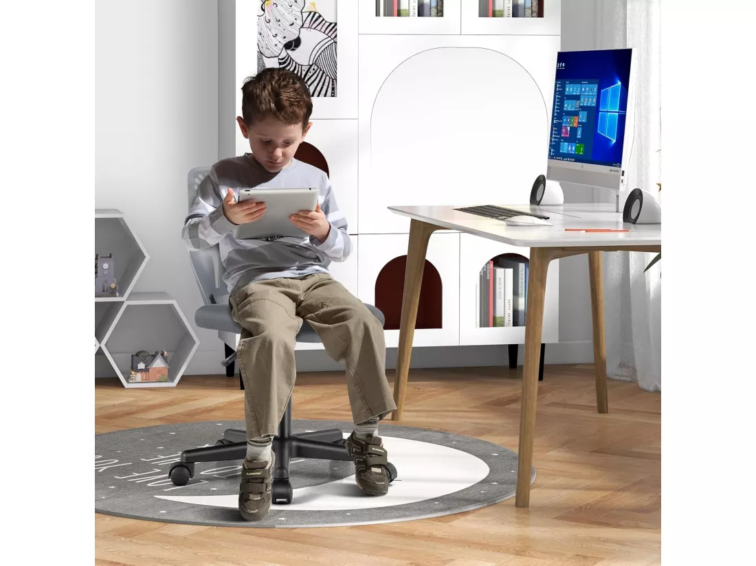 Chaise de Bureau Pivotante Enfants avec Hauteur Réglable 77-89cm, Siège à roulettes avec Dossier Ergonomique & Base à 5 Étoiles, Charge 150kg pour Enfant Adolescent Adulte(Gris)