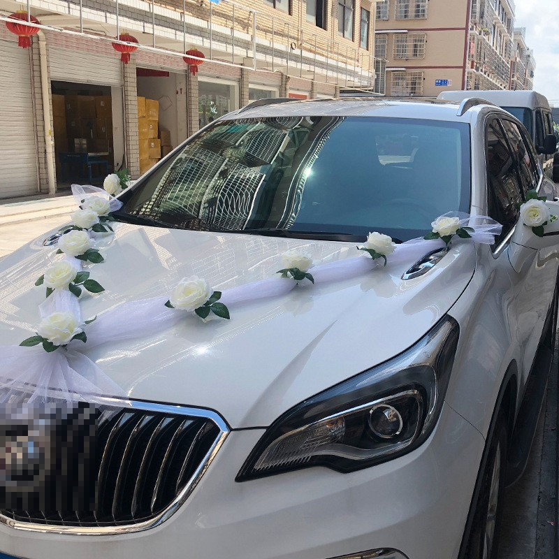 (25-tlg. Set) DIY Auto Kunstblumen Hochzeits Deko Motorhaube Schmuck Rosen - Weiss