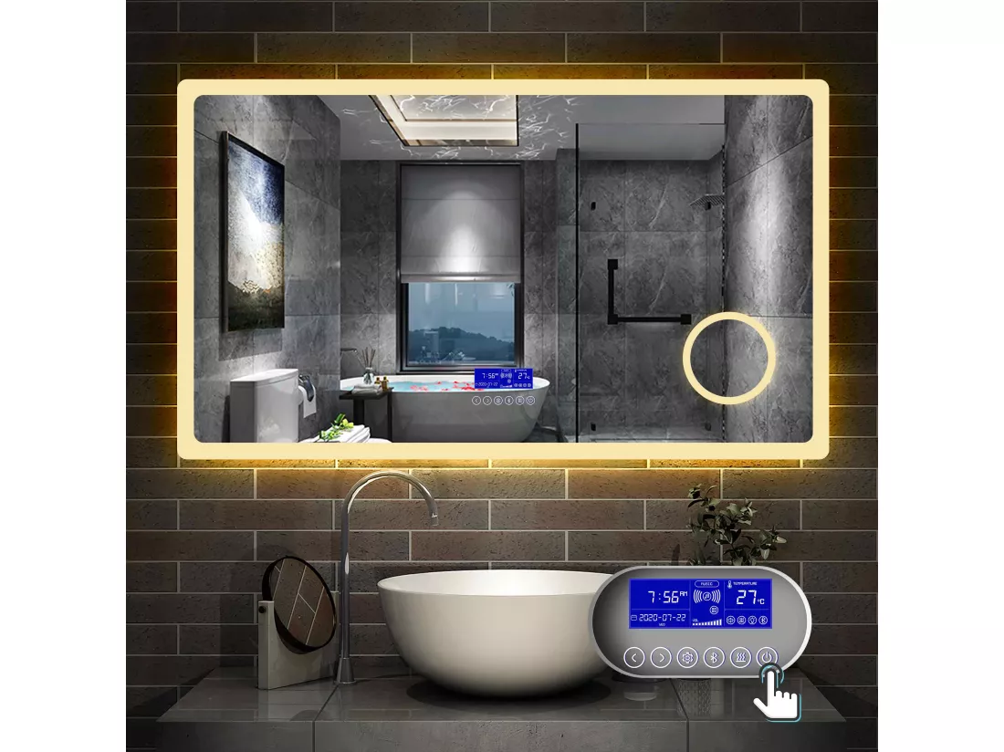 Miroir salle de bain 120x70cm LED réglable+antibuée+Bluetooth+Horloge+grossissant Aica