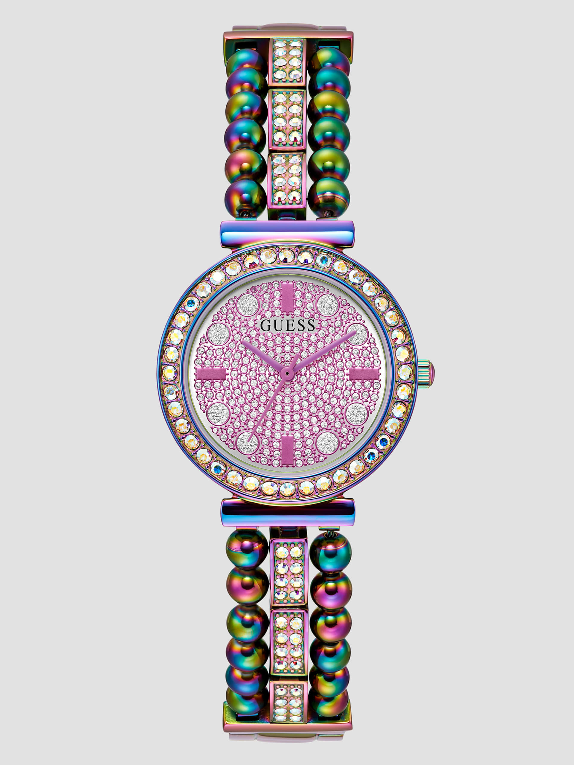 Relógio analógico com strass iridescente