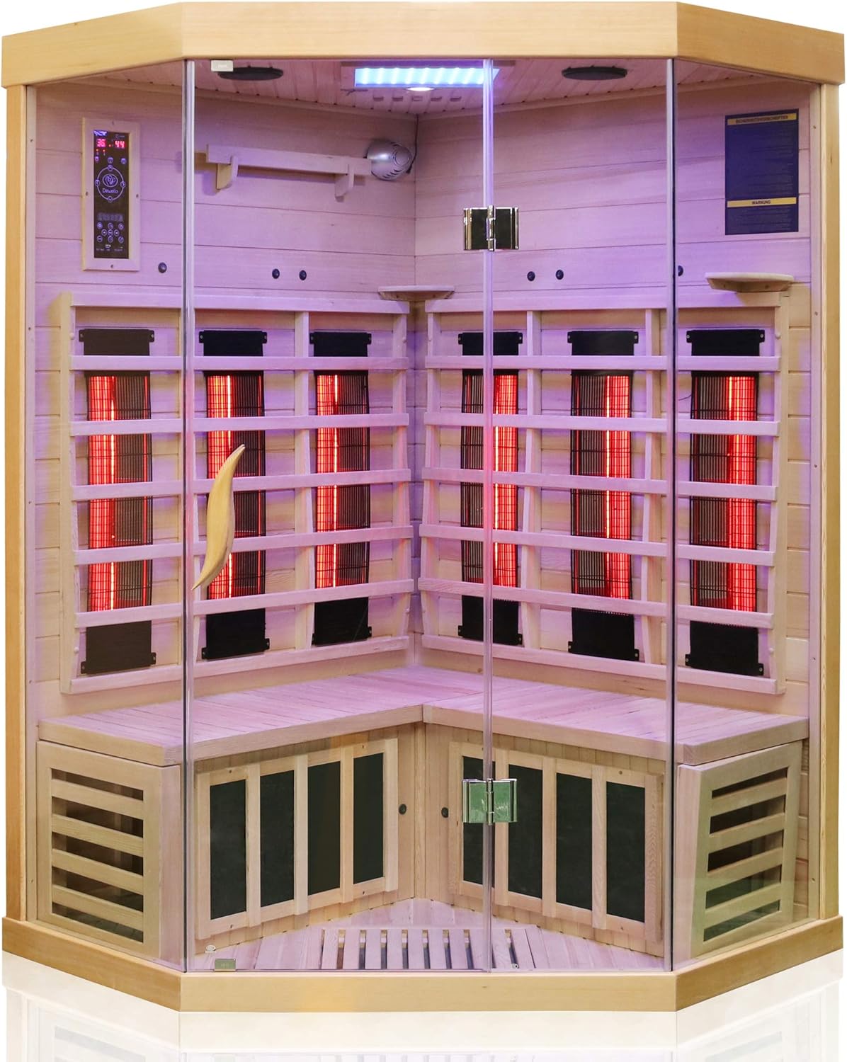 Dewello® Infrarotkabine Infrarotsauna Brandon 120cm x 120cm Dual-Therm für 1-2 Personen aus Hemlock Holz mit Vollspektrumstrahler, Bodenstrahler, LED-Farblicht, Bluetooth, FM,MP3,USB