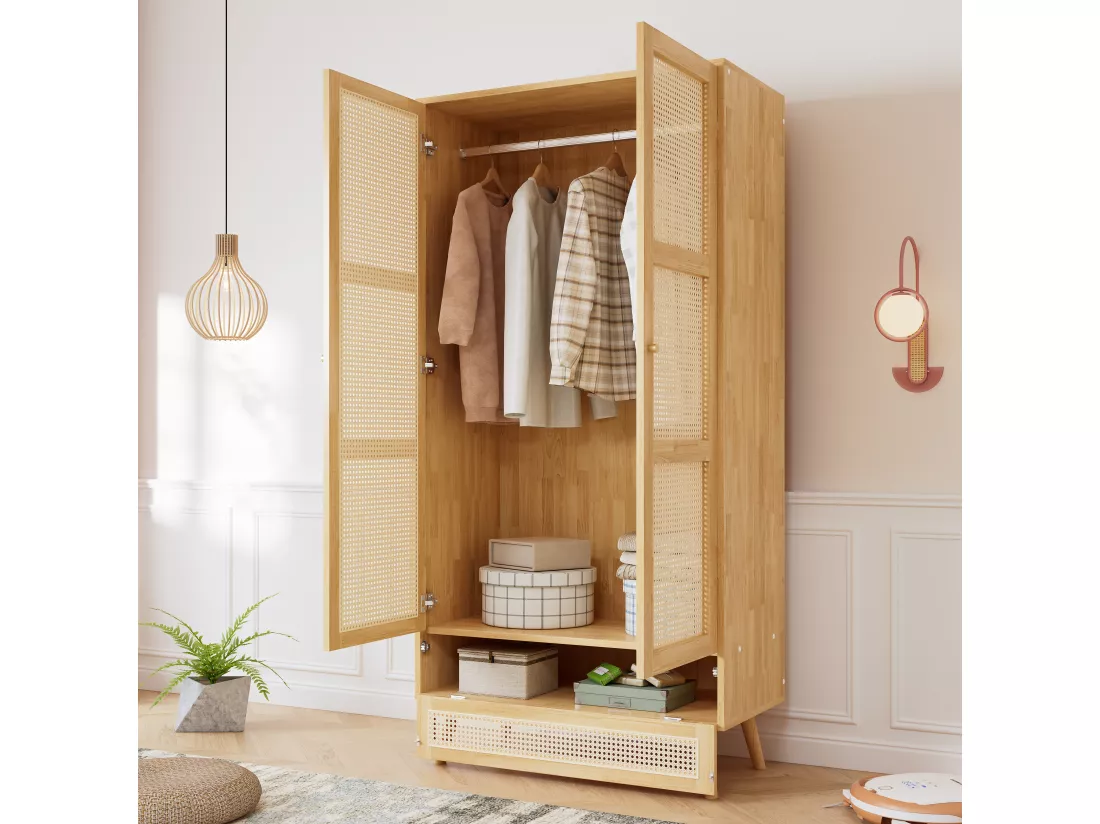 Armoire avec tringle - 2 portes grillagées en rotin et 1 compartiment abattant - Naturel