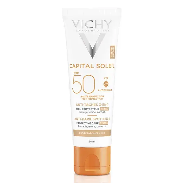 Protetor solar facial com cor e antimanchas Vichy Capital Soleil 3 em 1 FPS 50 50ml