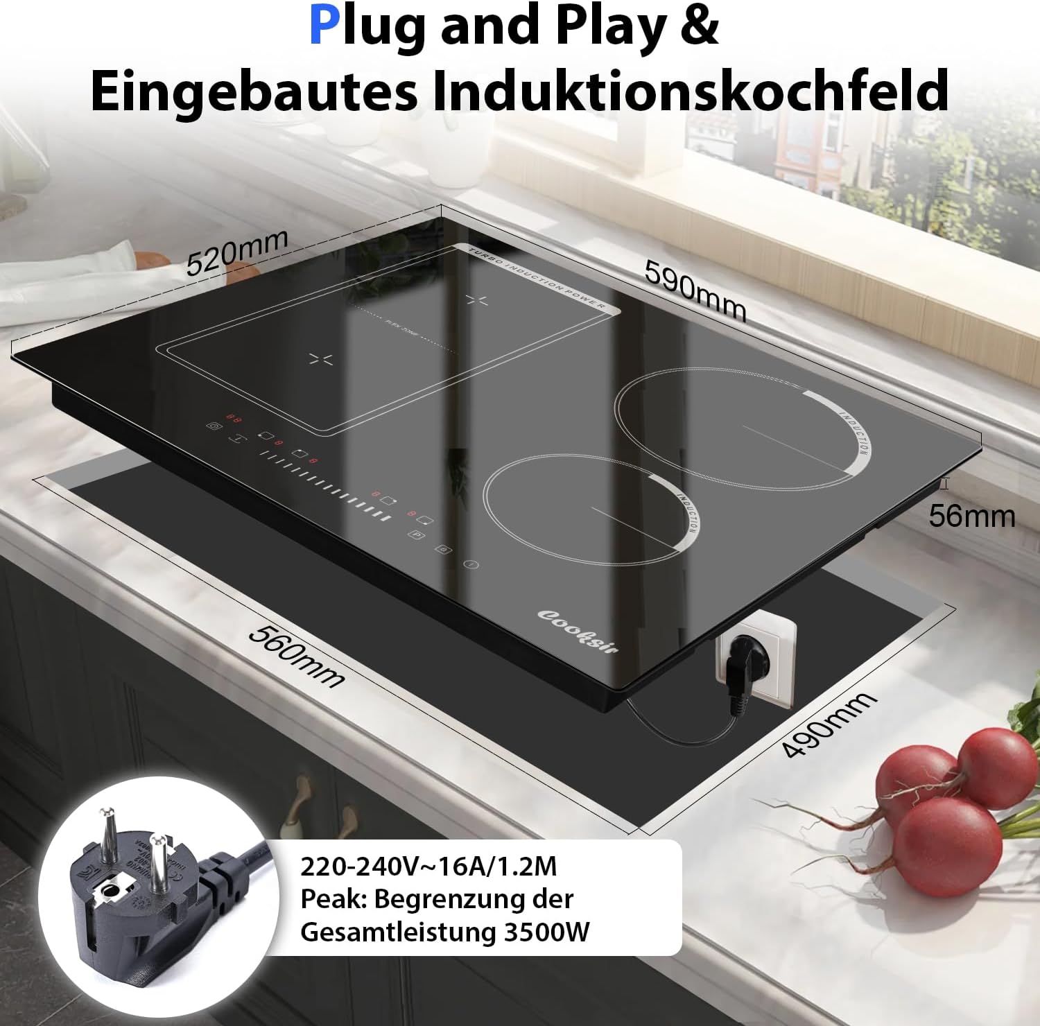 Induktionskochfeld 4 Platten mit Stecker, Kochfeld Autark, Einbau 59cm, 3500W, Kombizone für Grill, Slider-Touch-Steuerung, Schwarze Keramikglasplatte, 220V, 50Hz, 16A Steckerdose