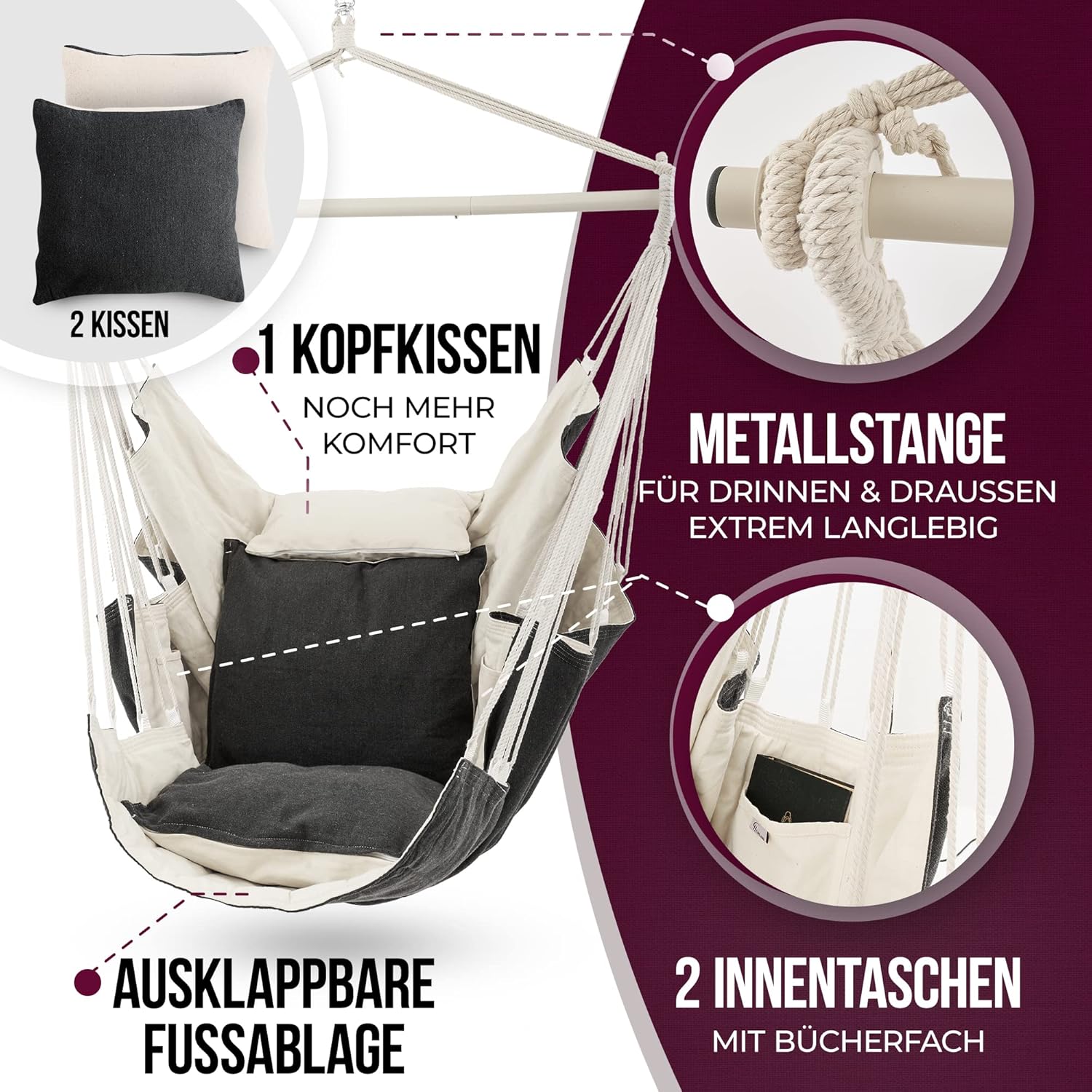 Hängesessel High-Class Outdoor & Indoor XXL [All Inclusive Paket mit Aufhängung + 3 Kissen] Kinder & Erwachsene bis 150 kg | Hängematte Wohn- Schlafzimmer, Garten Balkon Terrasse