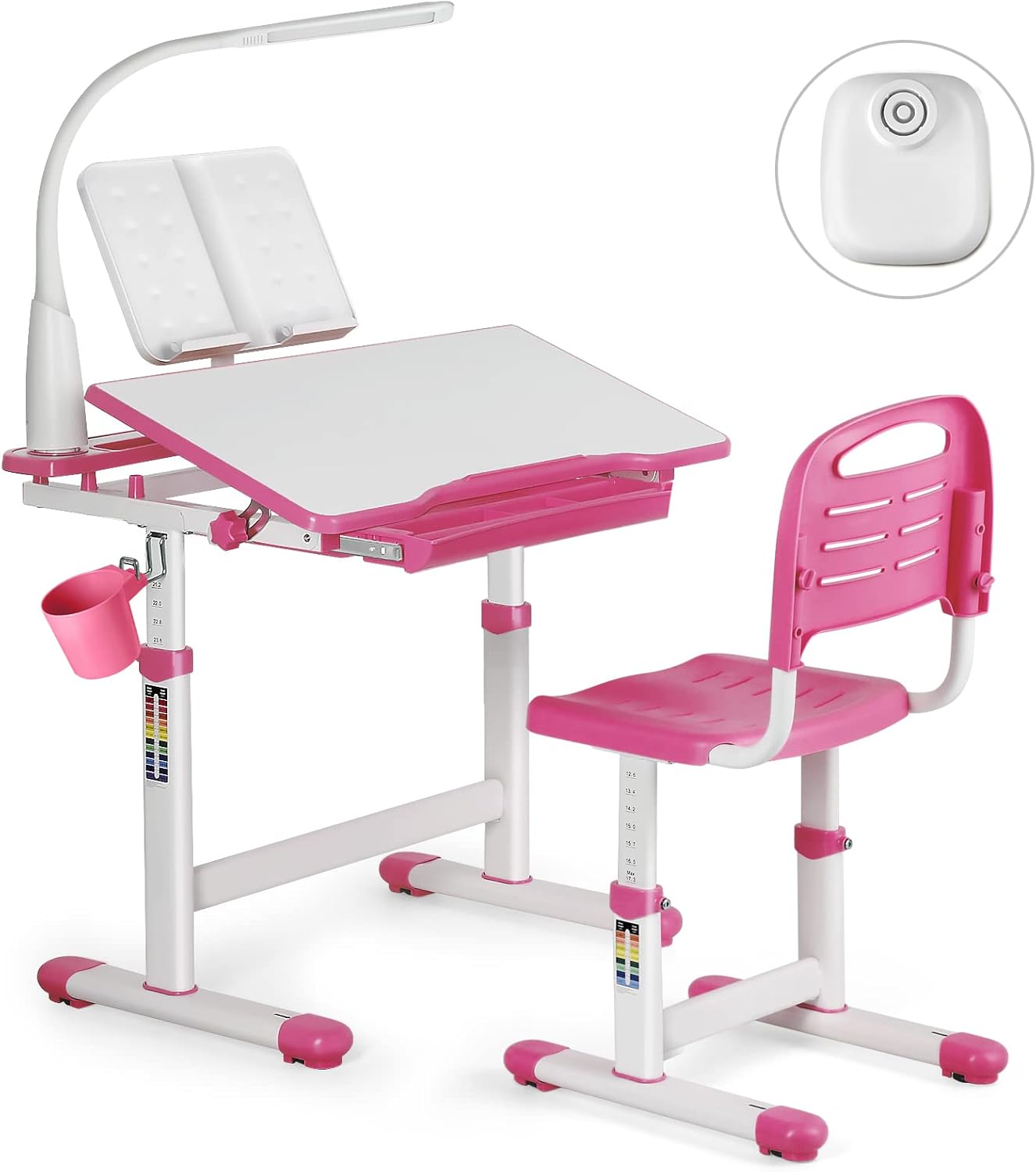 JOYLDIAS Kinderschreibtisch höhenverstellbar, Schülerschreibtisch Jugendschreibtisch mit Lampe, Schreibtisch Kinder mit Stuhl und Schublade inkl. kostenloser Kleineimer/Rosa