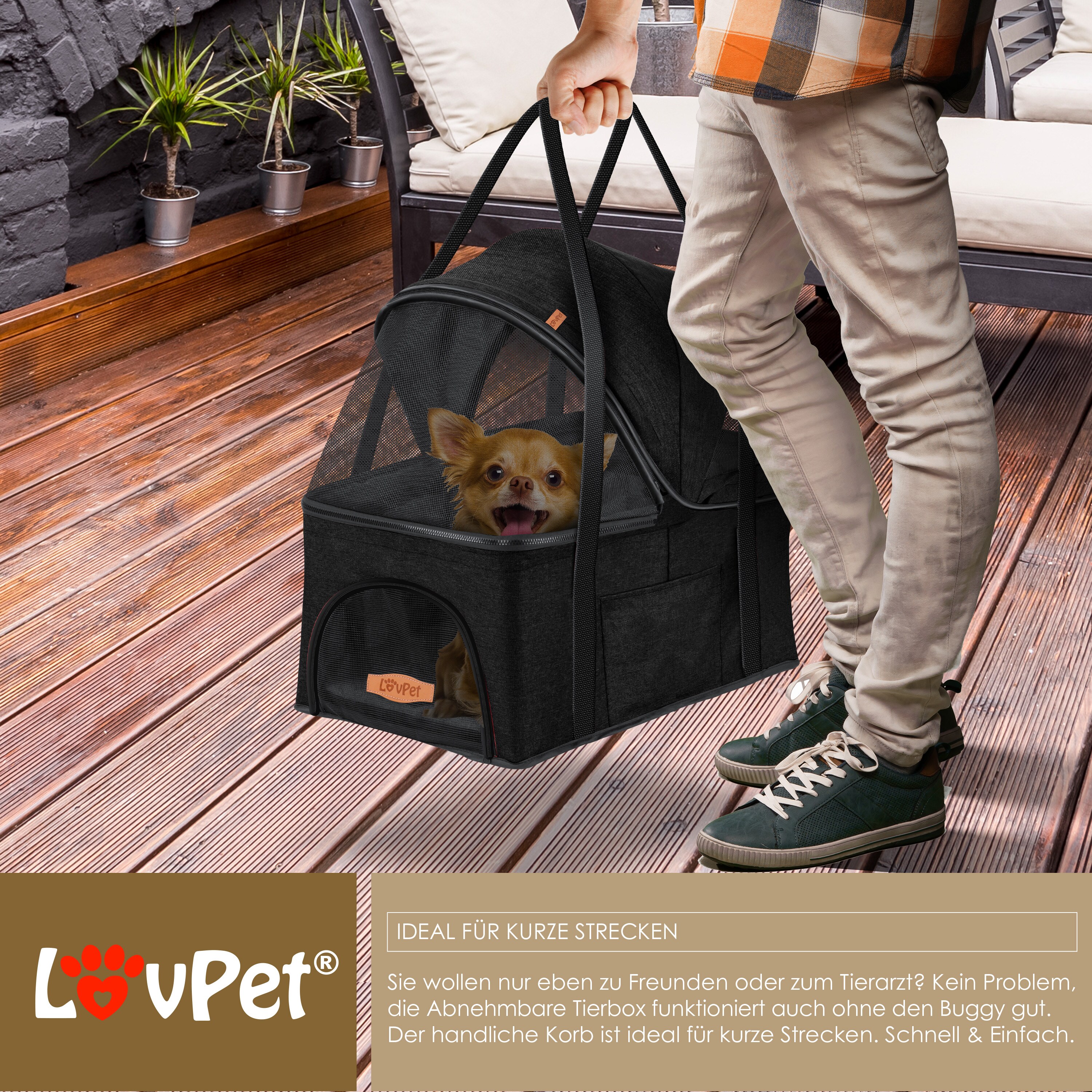 LOVPET® Hundewagen 2in1 Hundebuggy Hundebox Transporttasche Faltbar klappbar bis 20 kg Haustiere Buggy mit Netzfenstern & Regenschutzabdeckung Jogger Katzenbuggy für kleine Hunde Katzen