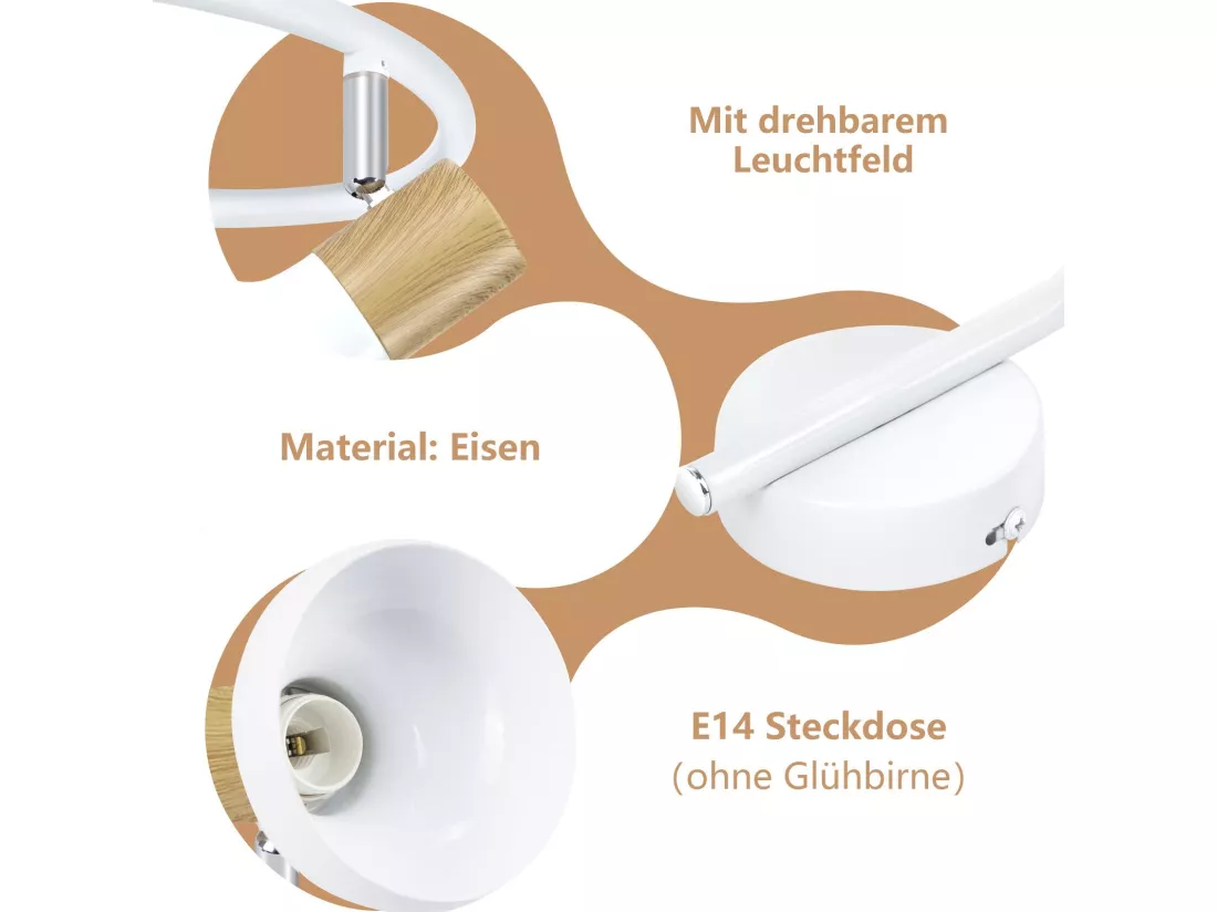NETTLIFE Spot de plafond vintage E14 intérieur 350° orientable blancsans ampoule industriel 3 lampes rond