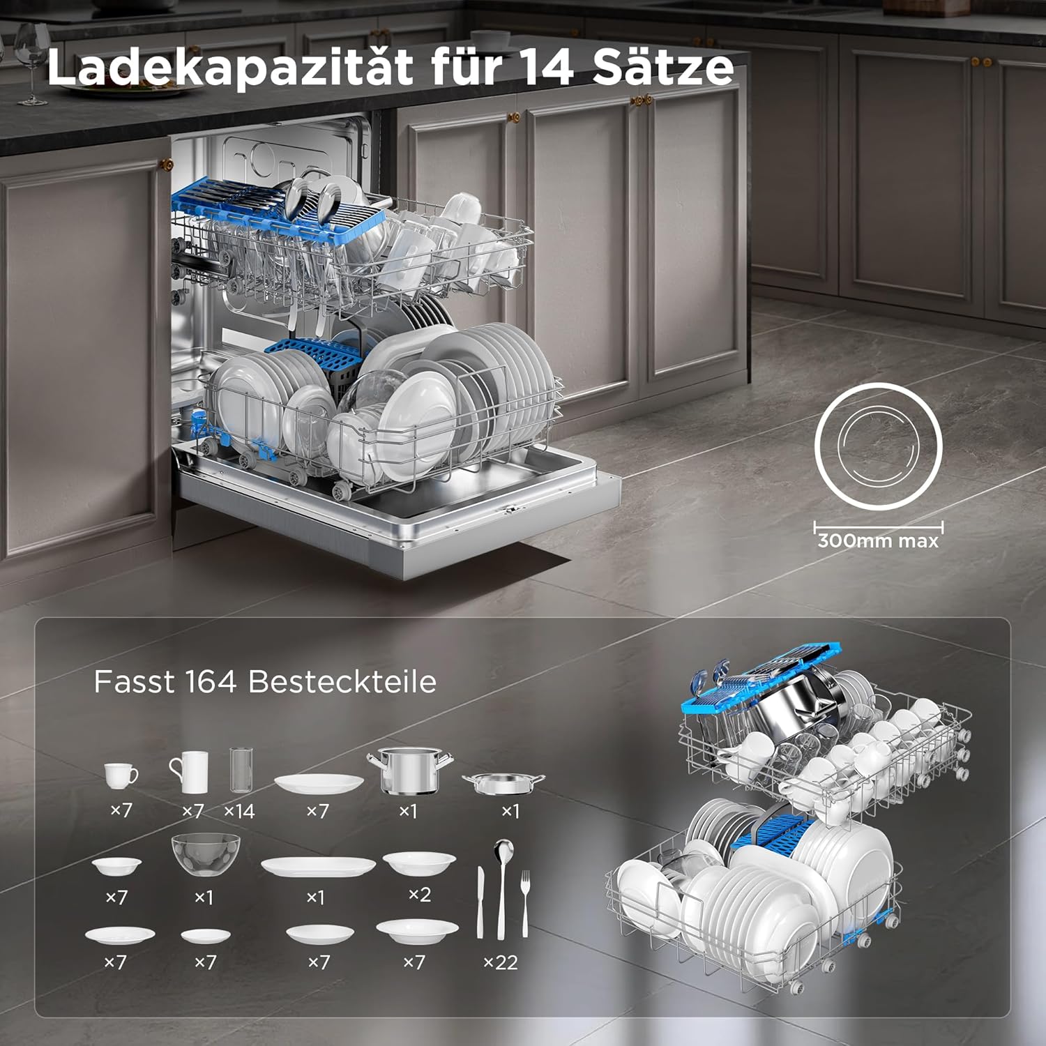 Midea Geschirrspüler 60cm Freistehend, SF 3.60N PRO Spülmaschine mit WLAN, 14 Maßgedecke, Geschirrspüler Unterbaufähig, 5 Programme, Höhenverstellbarer Oberkorb, 47 dB, Inox