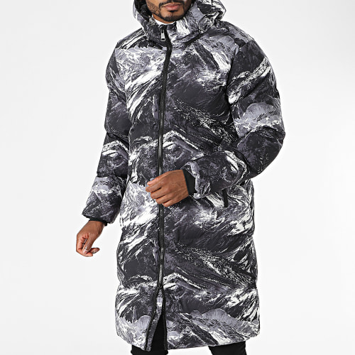 Doudoune Capuche Noir Gris Blanc