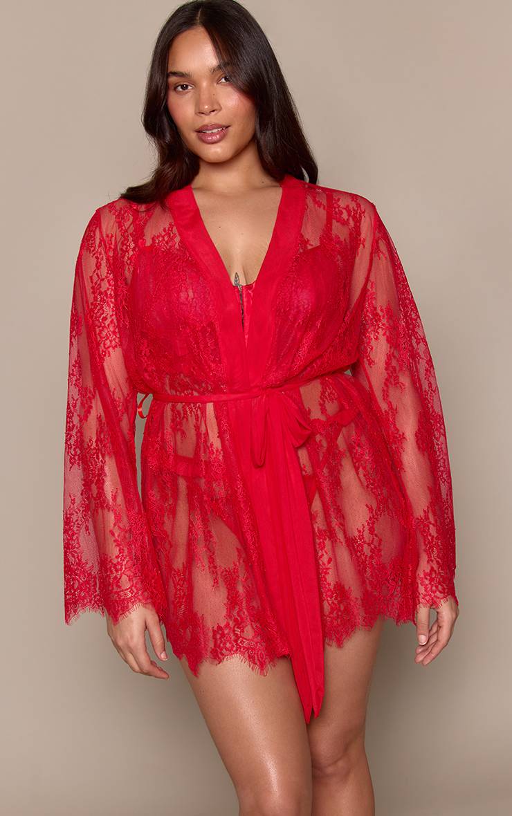 Rouge Robe De Chambre Longue Grande Taille En Dentelle À Manches Évasées Et Finitions Cils