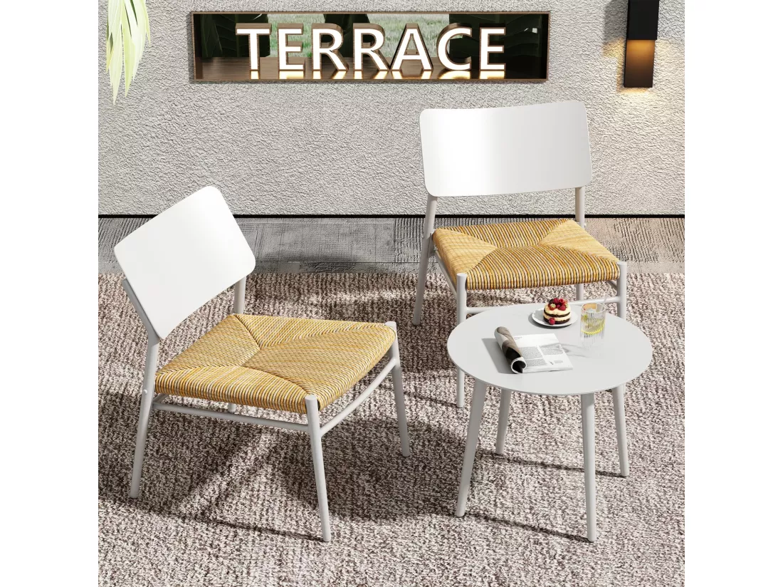 Salon de jardin en aluminium et rotin - table basse et 2 chaise ergonomie - charge max 150kg - Beige