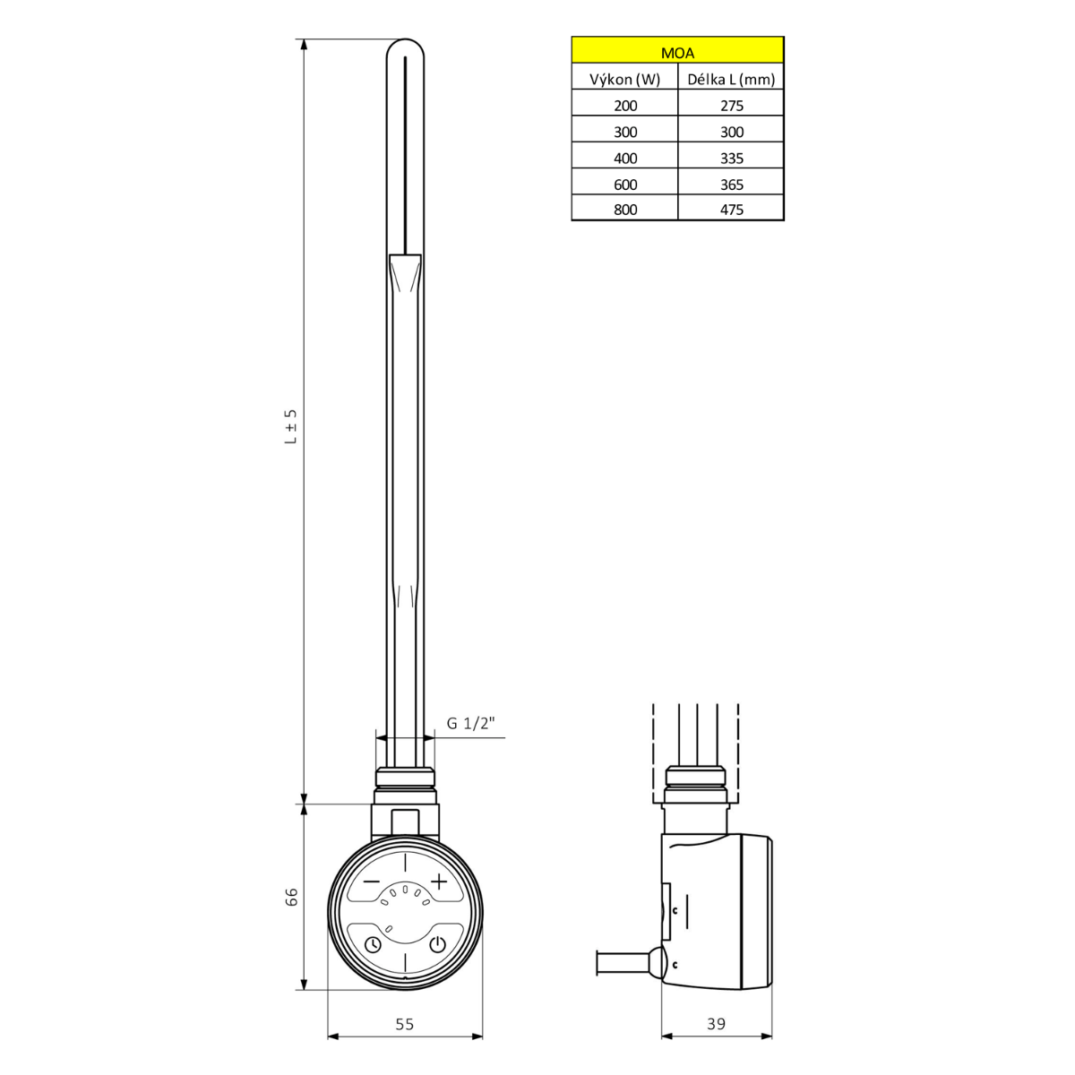 Sapho Moa thermostatisch verwarmingselement chroom 600W