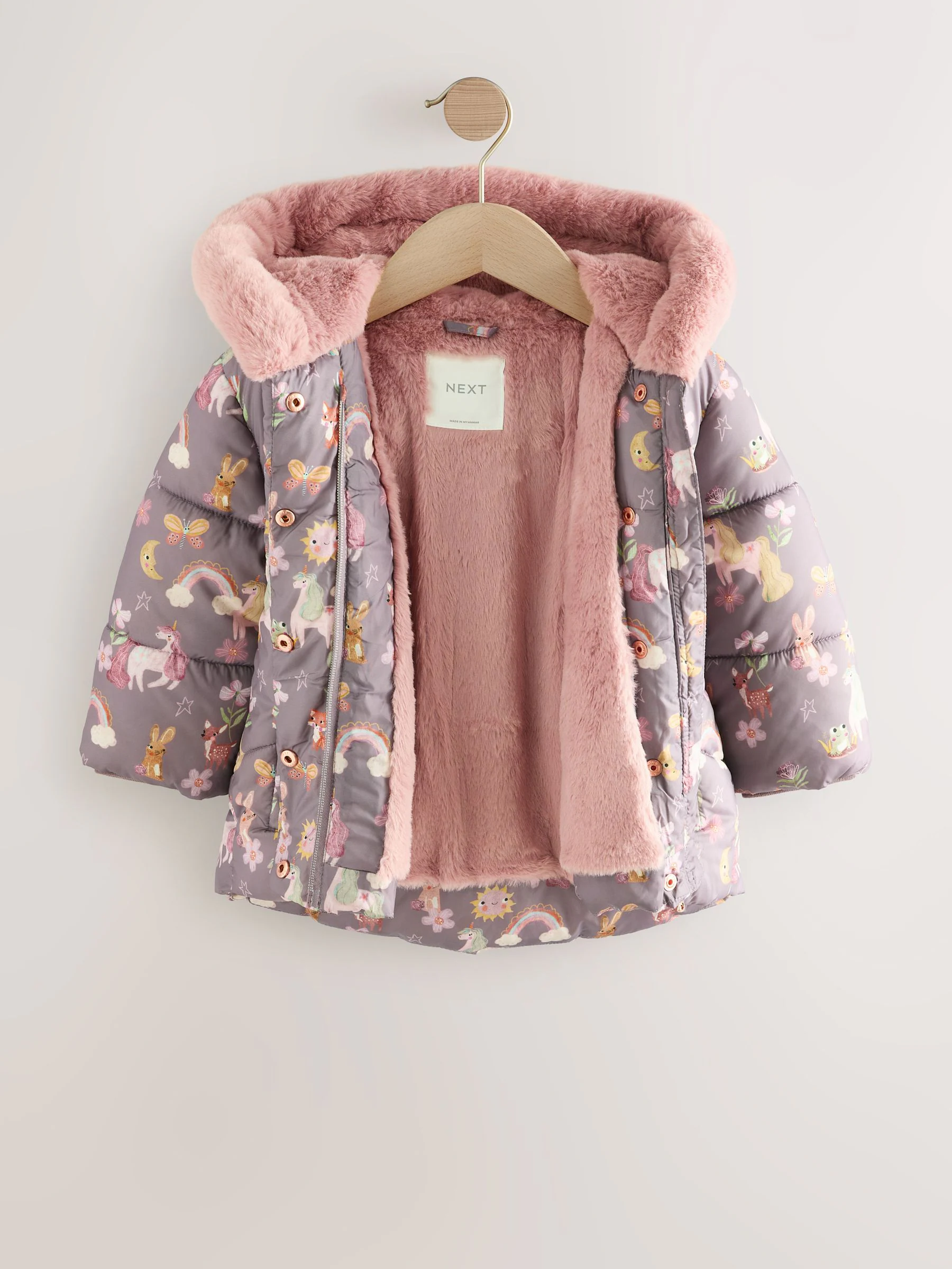 Damson Unicorn - Regenbestendige gewatteerde jas met imitatiebont afwerking (3mnd-7jr)