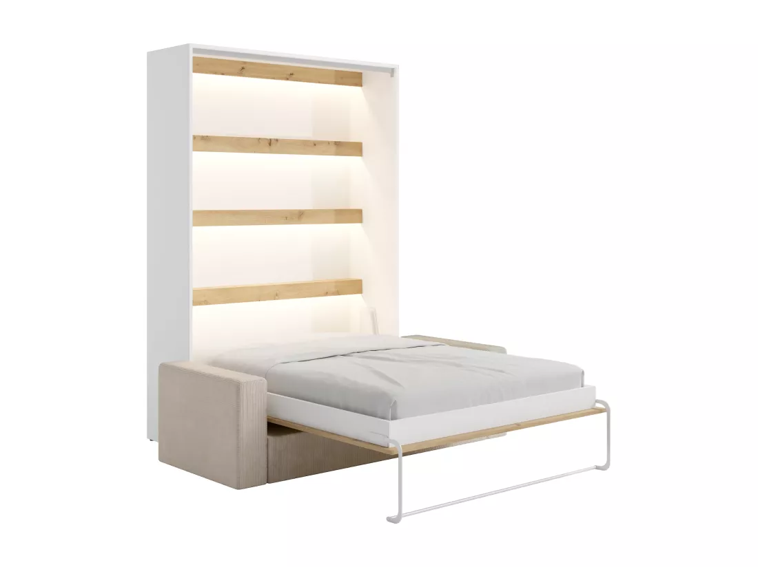 Lit escamotable 140 x 200 cm - Ouverture verticale manuelle - Avec LEDs - Blanc et naturel + Matelas + Canapé - RAPILI