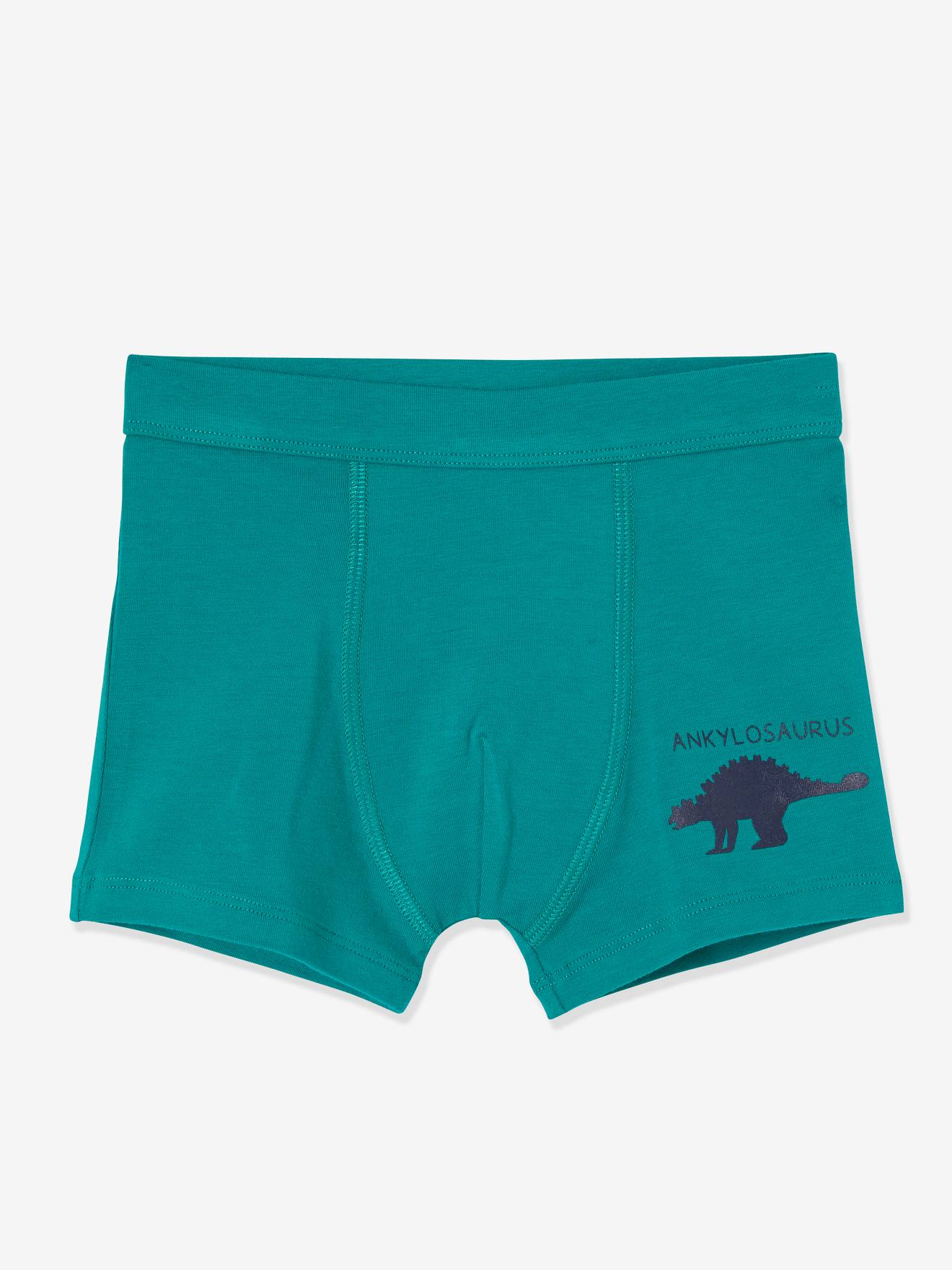Pacote com 7 cuecas boxer elásticas com estampa de dinossauro, para meninos, lisas e brancas.