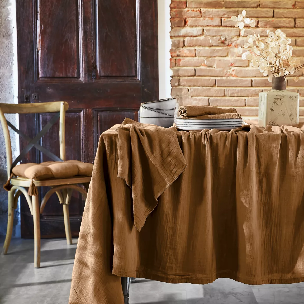 Nappe rectangulaire gaze de coton (150 x 350 cm) Gaïa Camel