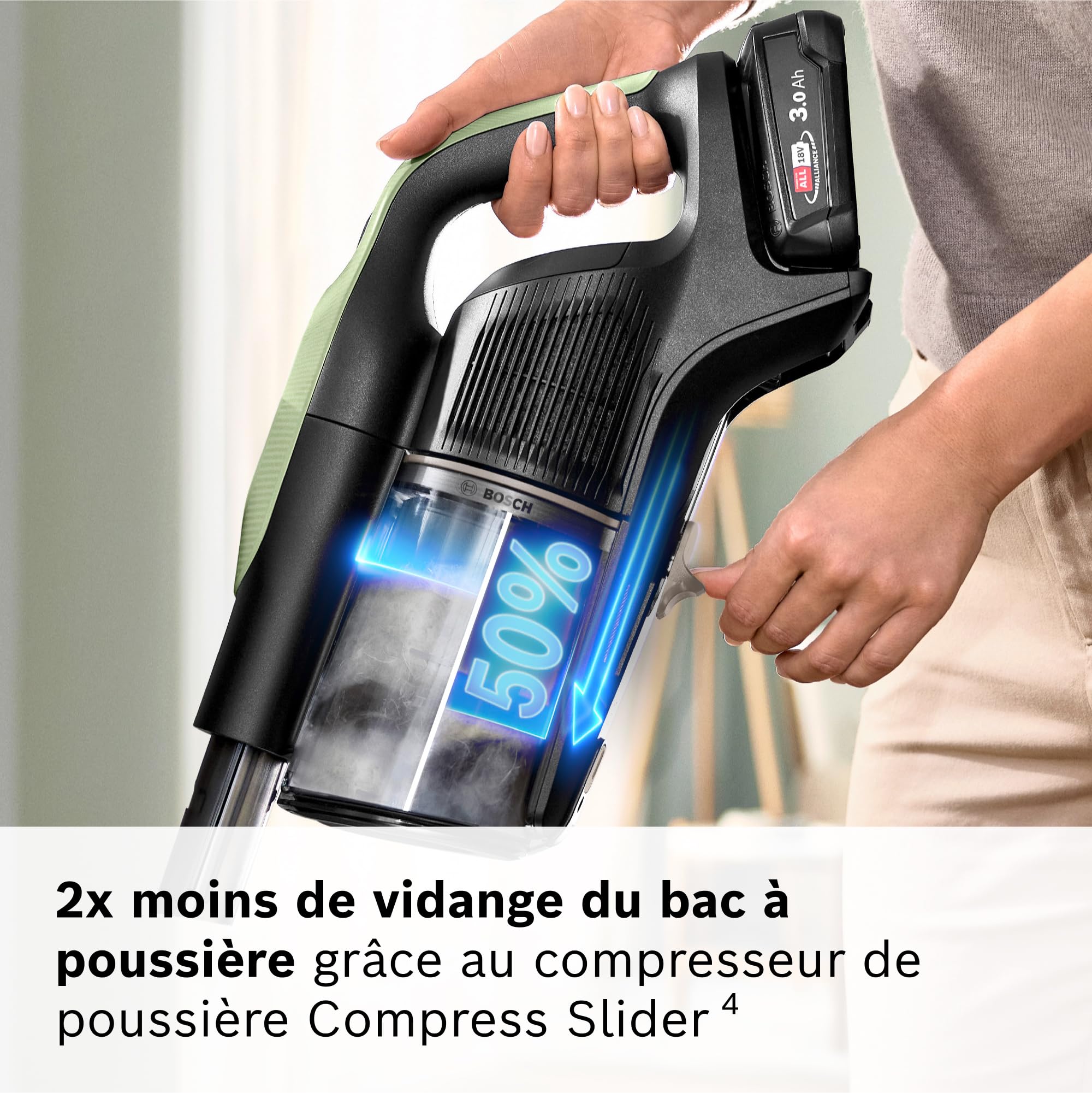 Bosch, aspirateur Balai sans Fil, Unlimited 9, Batterie 3.0 Ah, Technologie MicroClean, bac à poussières Facile à Vider, éclairage LED, Vert, BBS921TB