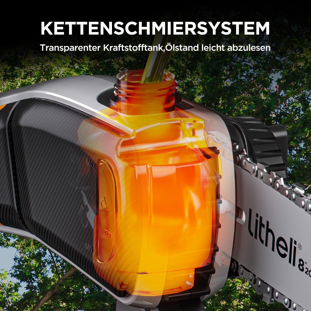 Litheli U20 Akku Hochentaster 20V inkl. 3 Ketten, Teleskop-Hochentaster mit 10000 mAh Akku, Akku-Teleskopsäge mit 8 m/s Schnittgeschwindigkeit zum Schneiden und Beschneiden von Ästen