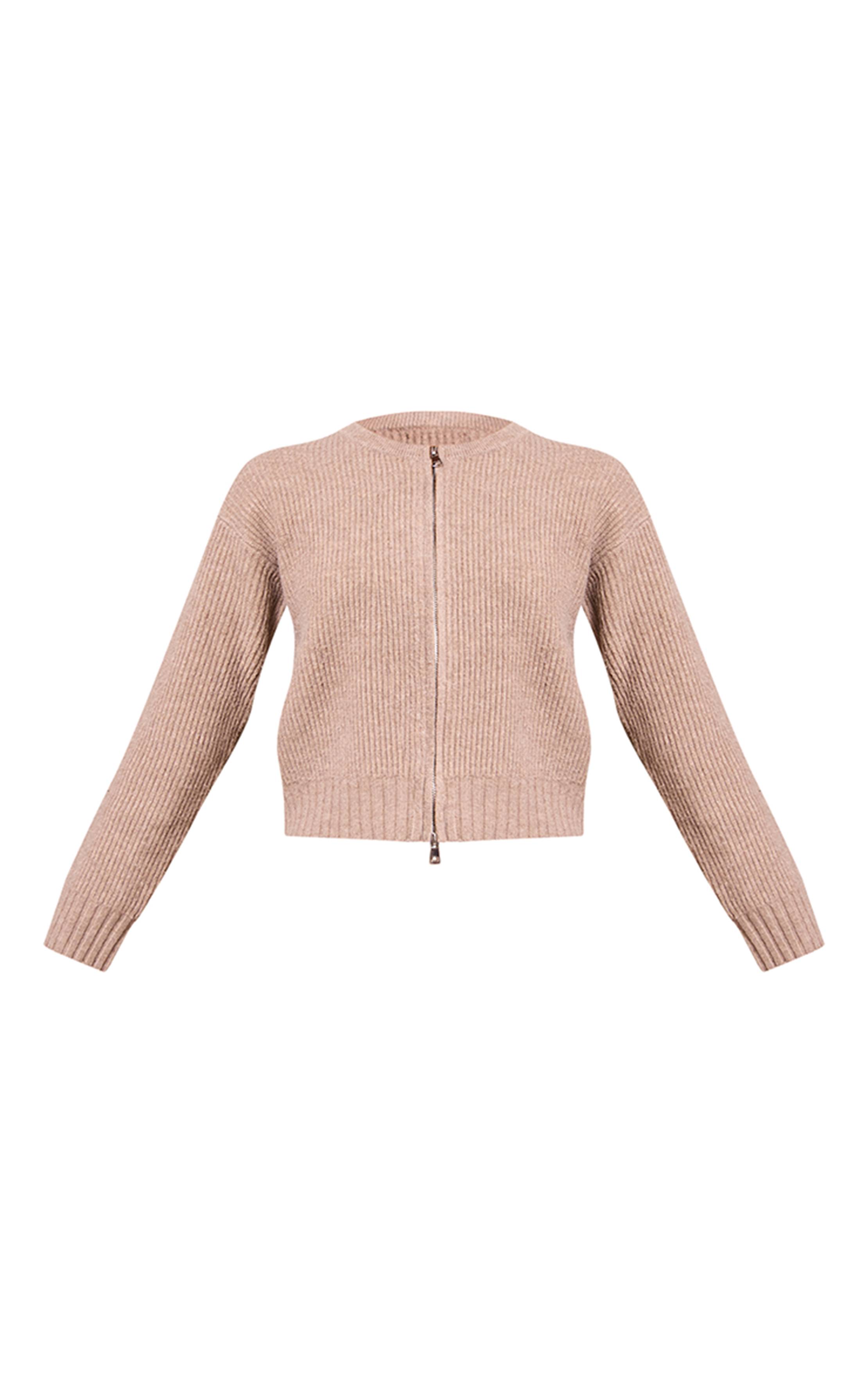 Taupe Cardigan Zippé En Maille Côtelée Brossée