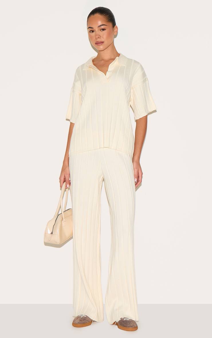 Crème Pantalon En Maille Côtelée Large