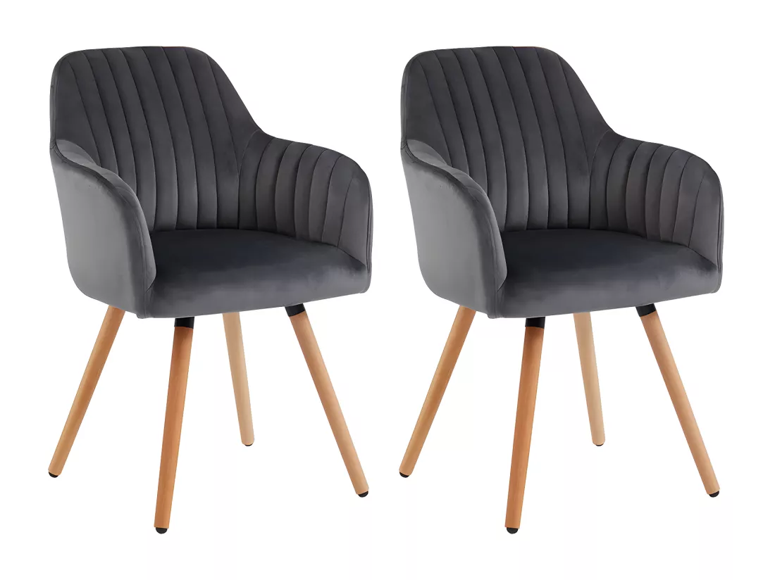 Lot de 2 chaises avec accoudoirs en velours et métal effet bois - Gris - ELEANA