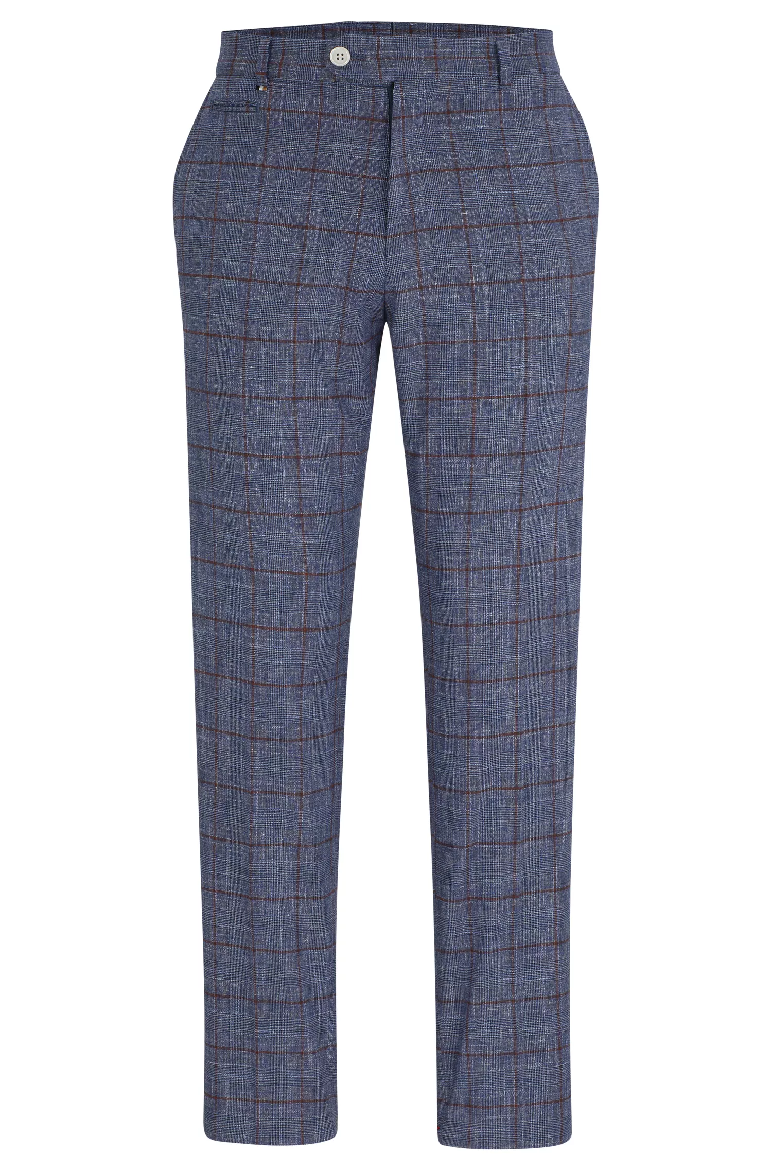 Calça BOSS preta de corte slim em sarja lisa com padrão xadrez.